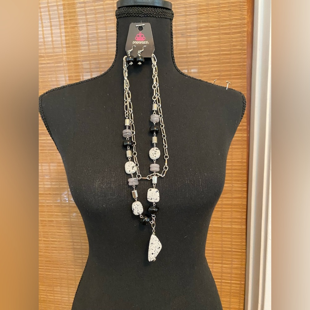 Paparazzi Silver and Cream Dangle Necklace and Earring Set
